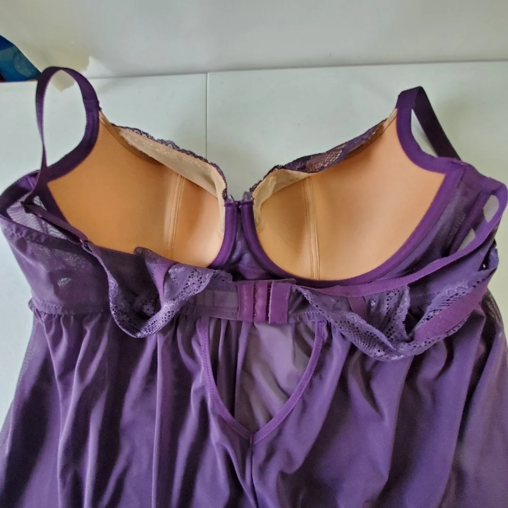 Adore Me Ella Sheer Lace Babydoll Top Size‎ 42C Purple Lined Cups Lingerie Layer